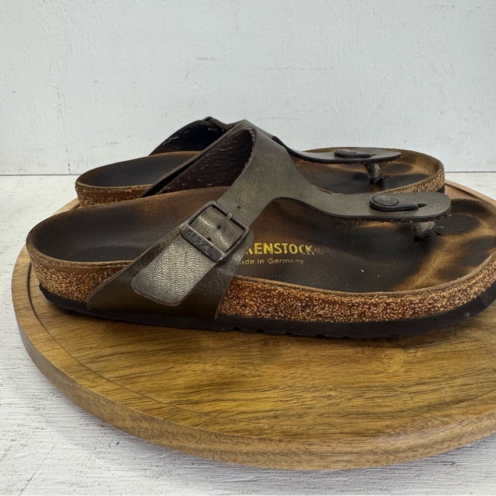Birkenstock Women's Sz 38 7-7.5 Gizeh Green Leather Thong Slip On Sandals